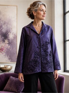 Wearable Art Purple Floral Appliqué Jacket L XL Evening Statement Piece
